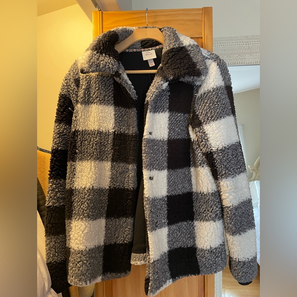 Black and White Checkered Plaid Faux fur/Sherpa Jacket